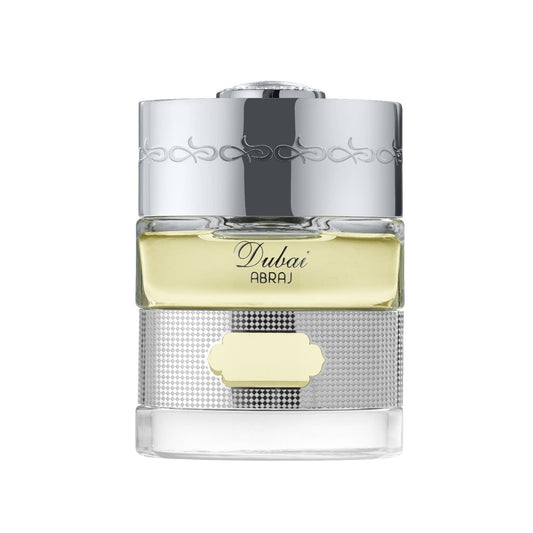 "Dubai Abraj di The Spirit of Dubai – profumo moderno e strutturato ispirato allo skyline di Dubai, con note metalliche, cuoio, oud, spezie fredde, muschio e ambra."