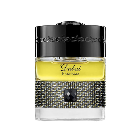 "Dubai Fakhama di The Spirit of Dubai – profumo unisex lussuoso e ricco, con rosa turca e bulgara, oud, vaniglia, ambra, cuoio, incenso, vetiver e muschio di quercia."