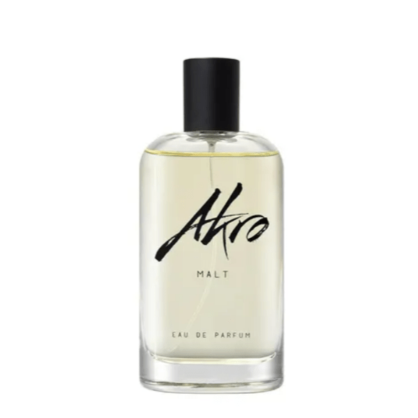 "Bottiglia di profumo Malt di Akro da 100 ml, fragranza unisex con note di whisky, rum, cuoio e legno affumicato, su sfondo scuro elegante."