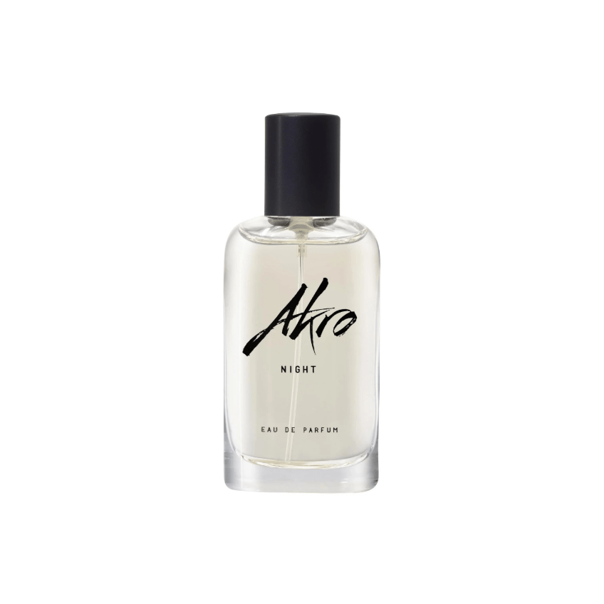 "Night di Akro 30ml – profumo notturno e seducente con note di fiori bianchi, ambra calda, vaniglia e legni profondi, perfetto per serate eleganti e misteriose."
