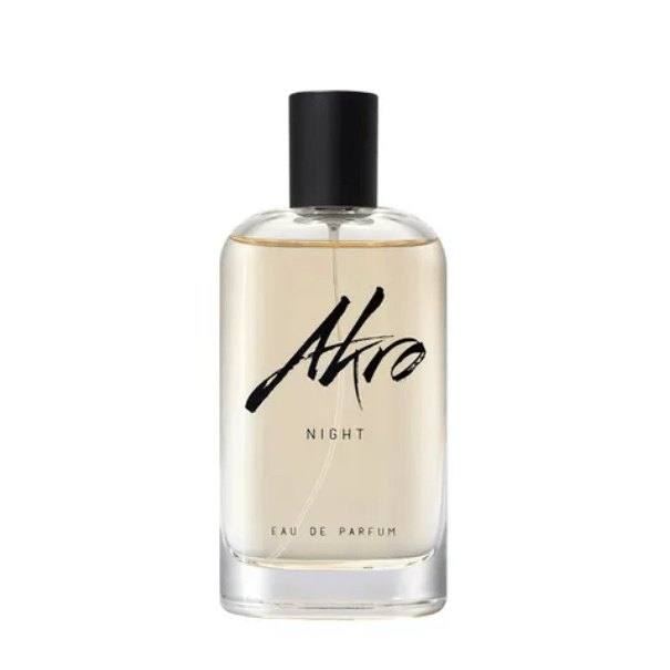 "Night di Akro 100ml – profumo notturno e seducente con note di fiori bianchi, ambra calda, vaniglia e legni profondi, perfetto per serate eleganti e misteriose."