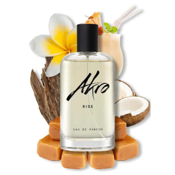 "Rise di Akro – profumo energizzante e vibrante con note di agrumi freschi, pepe rosa, fiori bianchi e legni chiari, perfetto per chi cerca vitalità e luminosità."