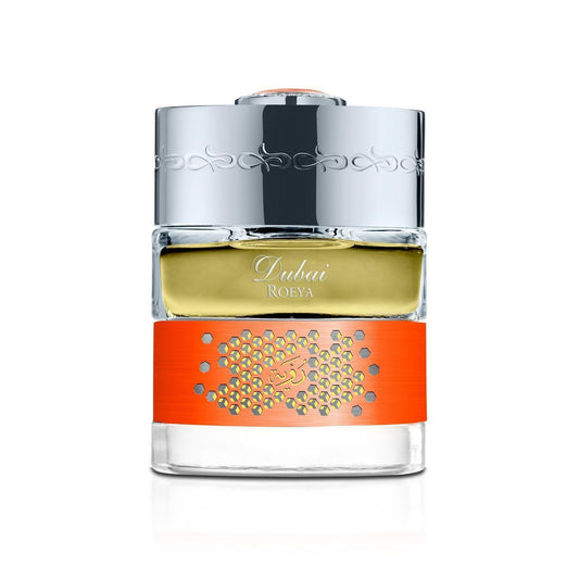"Dubai Roeya di The Spirit of Dubai – fragranza eterea e sofisticata ispirata ai sogni e alla visione futura di Dubai, con note floreali delicate, muschio, ambra bianca e legni chiari."