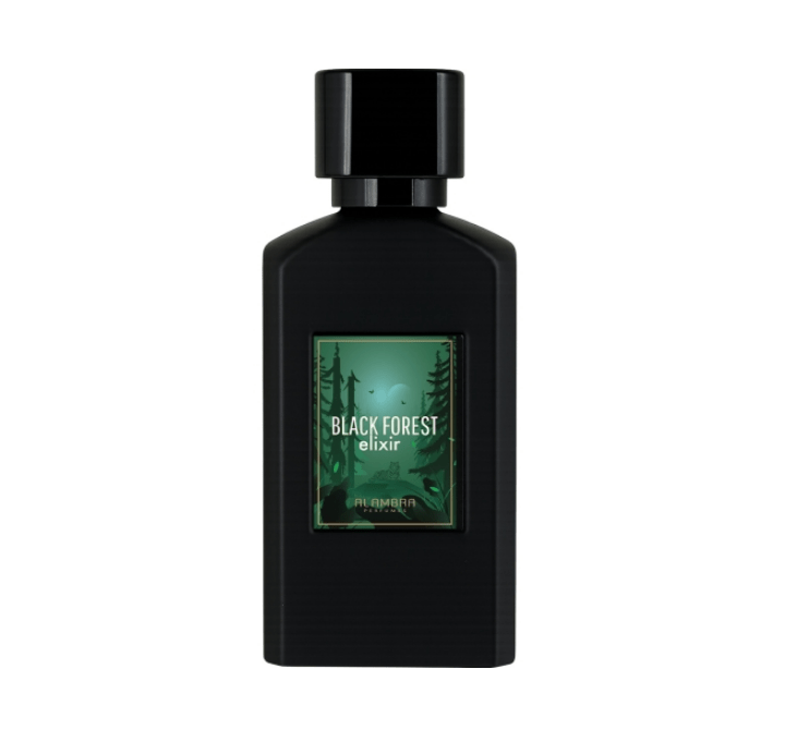 Flacone di Black Forest Elixir Ambra, extrait de parfum elegante con note calde e avvolgenti di ambra, legni pregiati e sfumature orientali.