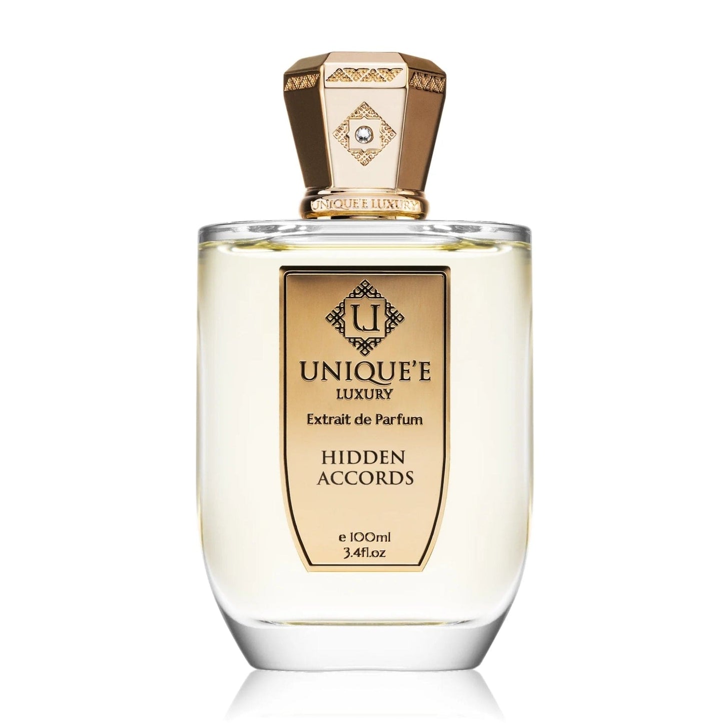 "Flacone di Unique'e Luxury Hidden Accords, una fragranza esclusiva che svela una combinazione segreta di note sofisticate, creando un'esperienza olfattiva misteriosa e affascinante."