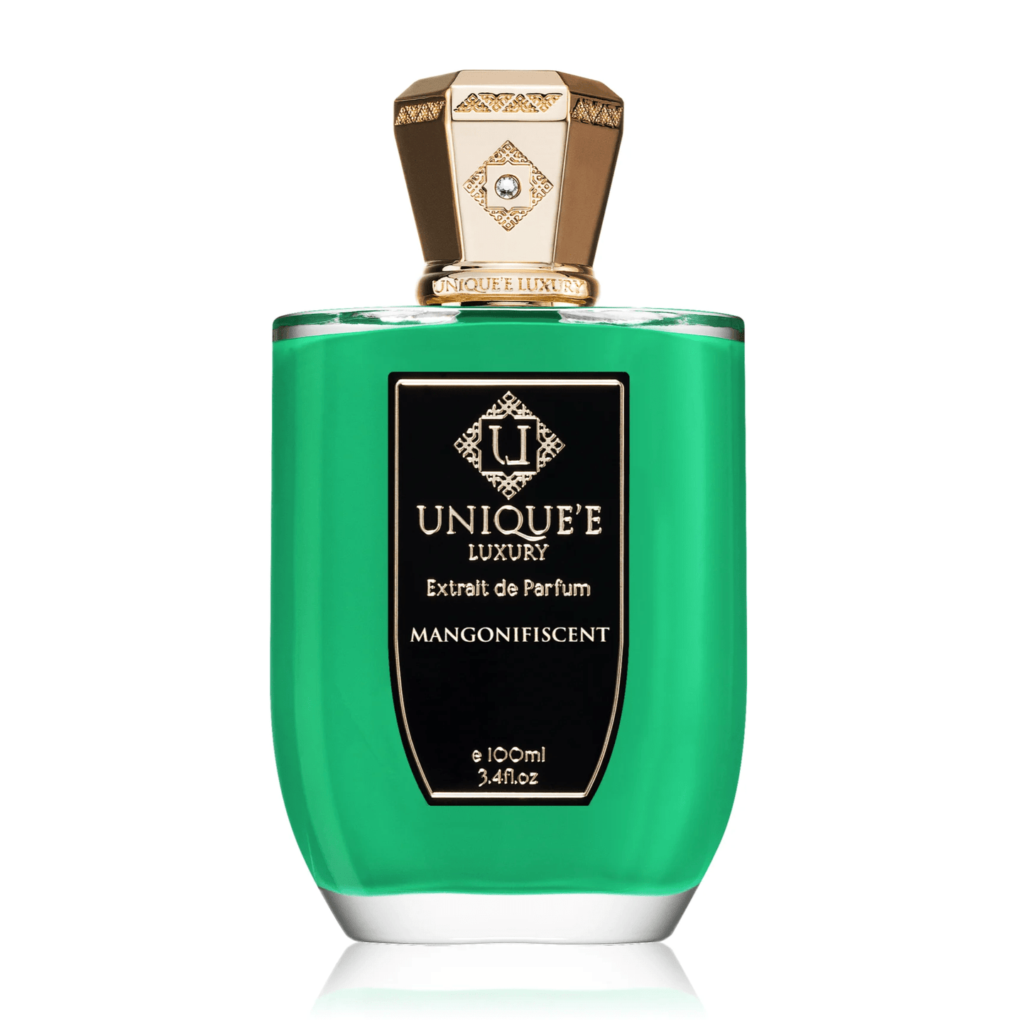 Bottiglia da 100 ml di MANGONIFISCENT Extrait de Parfum, profumo di nicchia con note intense di mango maturo, presentata in un elegante flacone moderno.