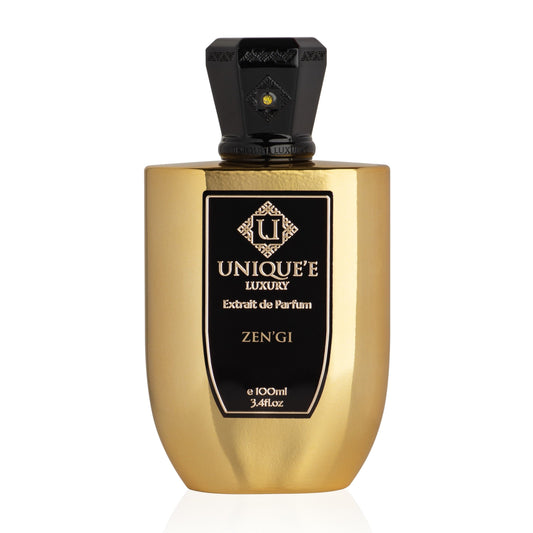 "Elegante flacone di Unique'e Luxury Zen'Gi, una fragranza lussuosa che fonde armonia e serenità con note raffinate, offrendo un'esperienza sensoriale unica e sofisticata."