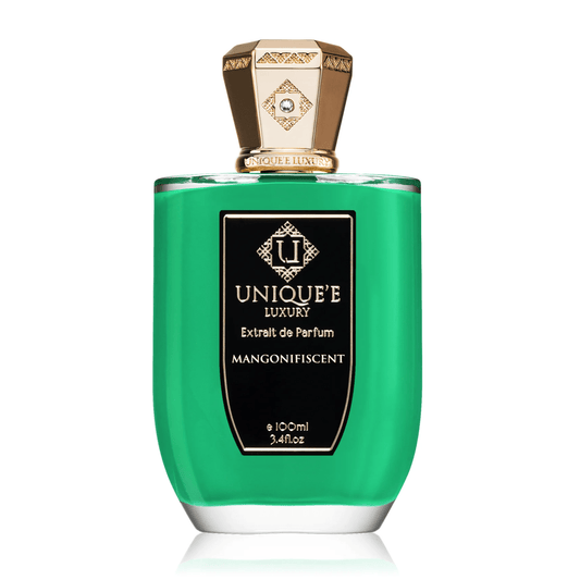 Bottiglia da 100 ml di MANGONIFISCENT Extrait de Parfum, profumo di nicchia con note intense di mango maturo, presentata in un elegante flacone moderno.